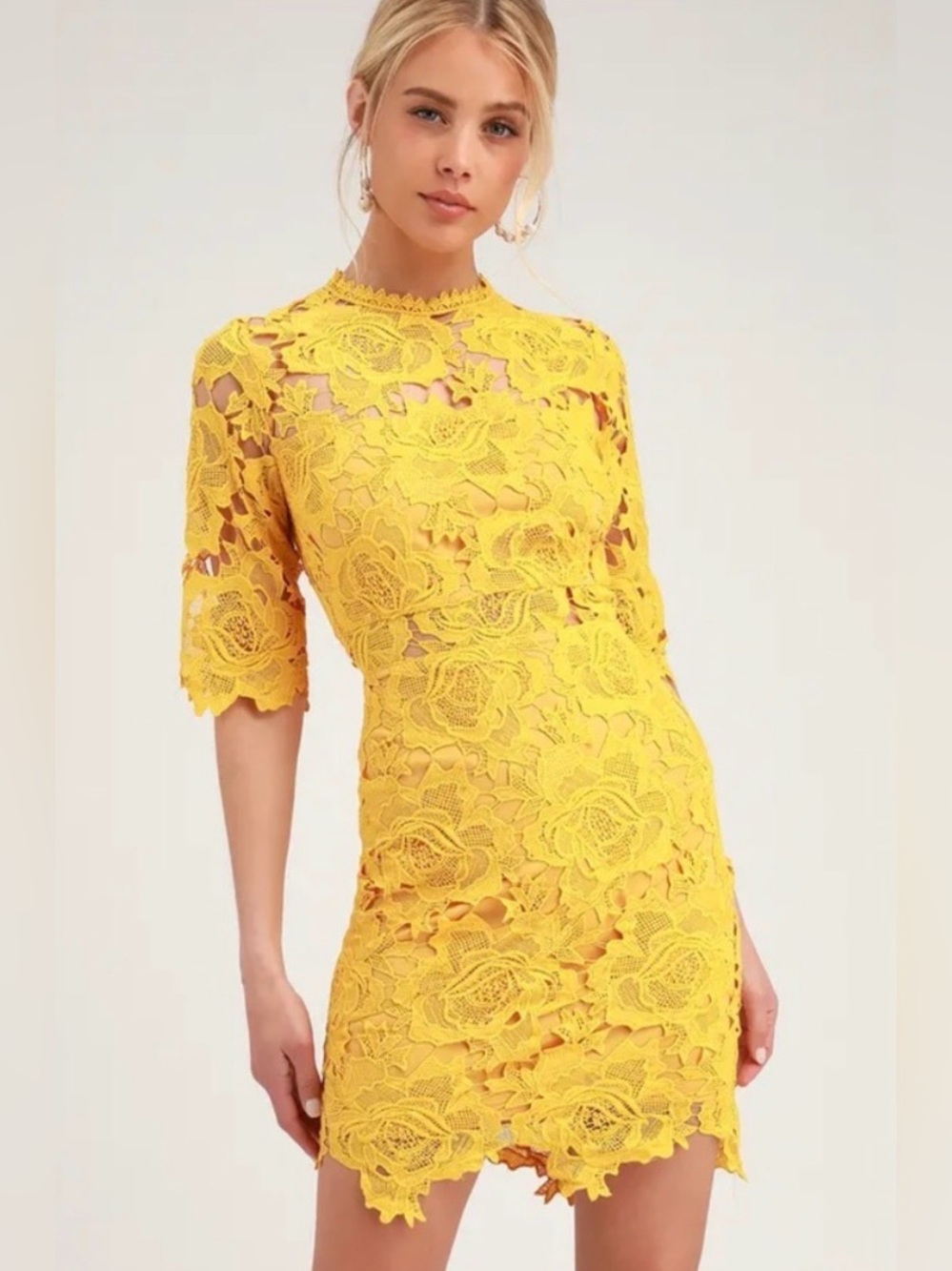Lulu’s Yellow Lace Floral Sheath Mini Dress